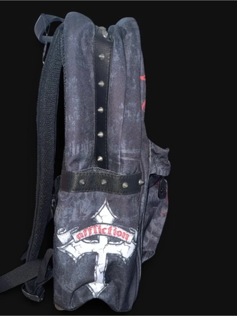 Affliction Black Backpack with White Winged Skull and Red Logo